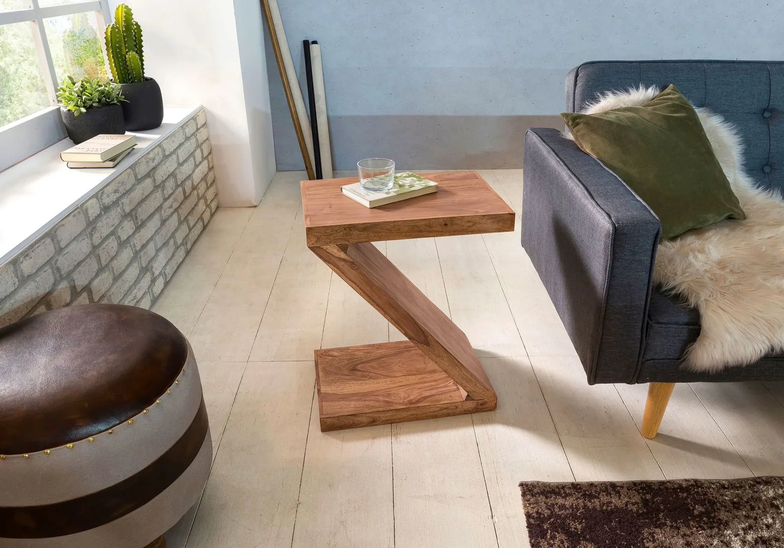 FineBuy Beistelltisch Massivholz Z Cube 59cm hoch Wohnzimmertisch Landhaus-Stil Braun Couchtisch Farbe wählbar