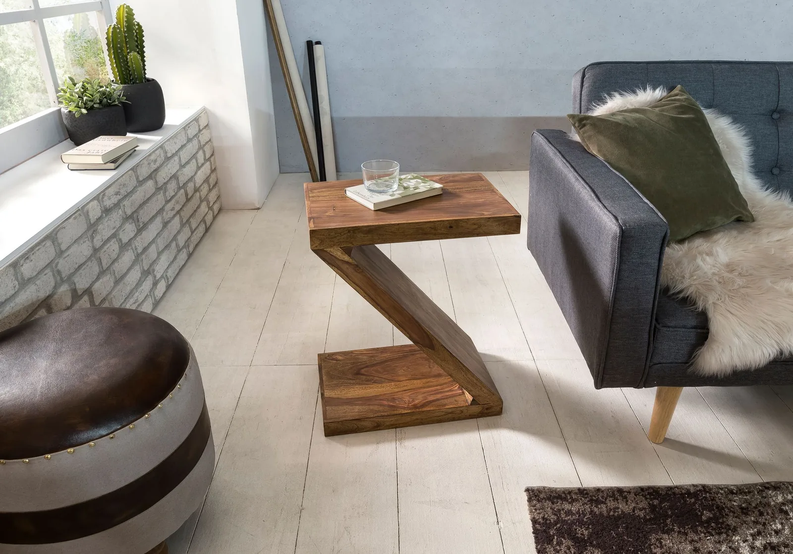 FineBuy Beistelltisch Massivholz Z Cube 59cm hoch Wohnzimmertisch Landhaus-Stil Braun Couchtisch Farbe wählbar