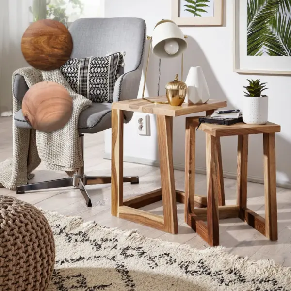 FineBuy 2er Set Beistelltisch Massivholz Design Wohnzimmer-Tisch eckig Nachttisch Satztisch Landhaus-Stil Naturprodukt