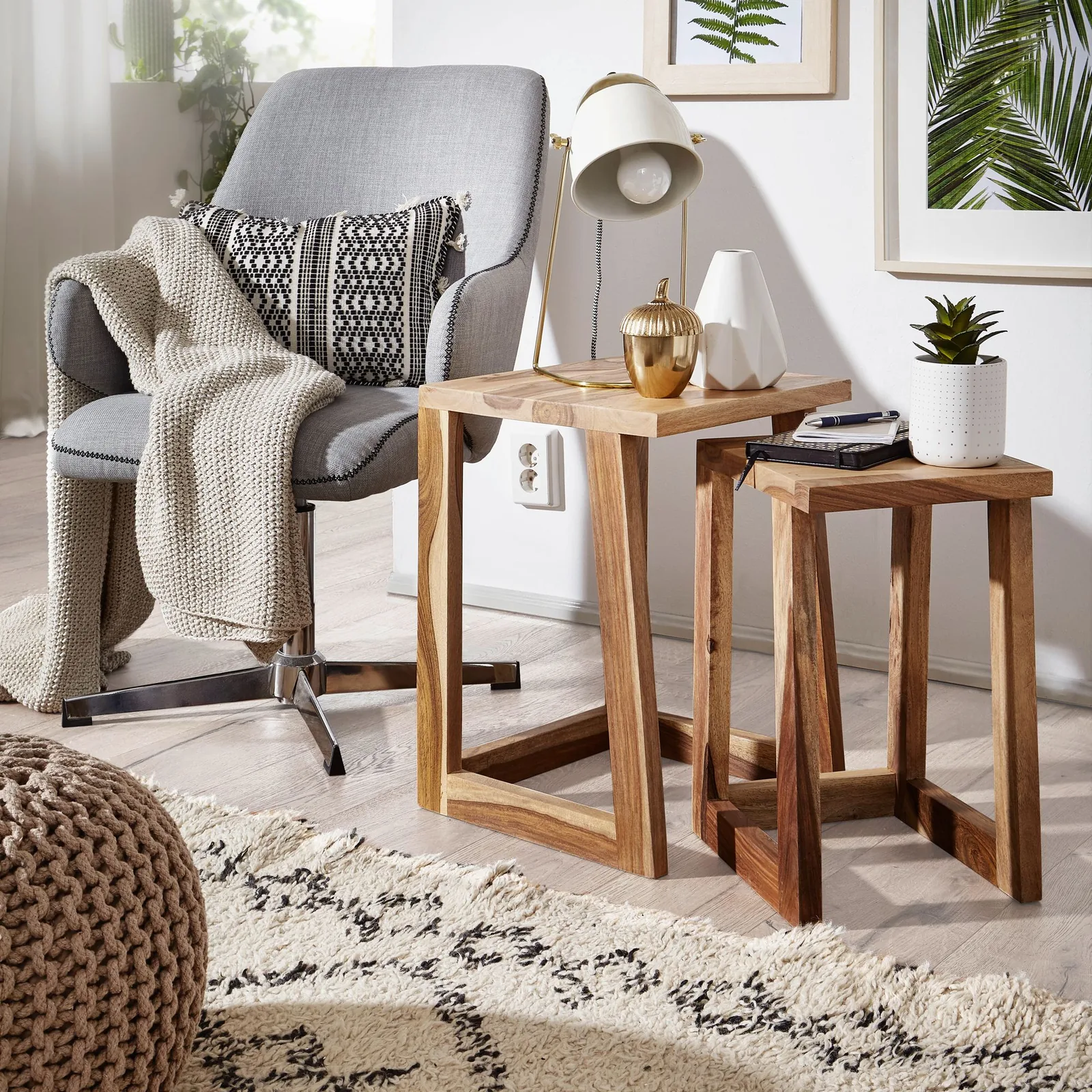 FineBuy 2er Set Beistelltisch Massivholz Design Wohnzimmer-Tisch eckig Nachttisch Satztisch Landhaus-Stil Naturprodukt