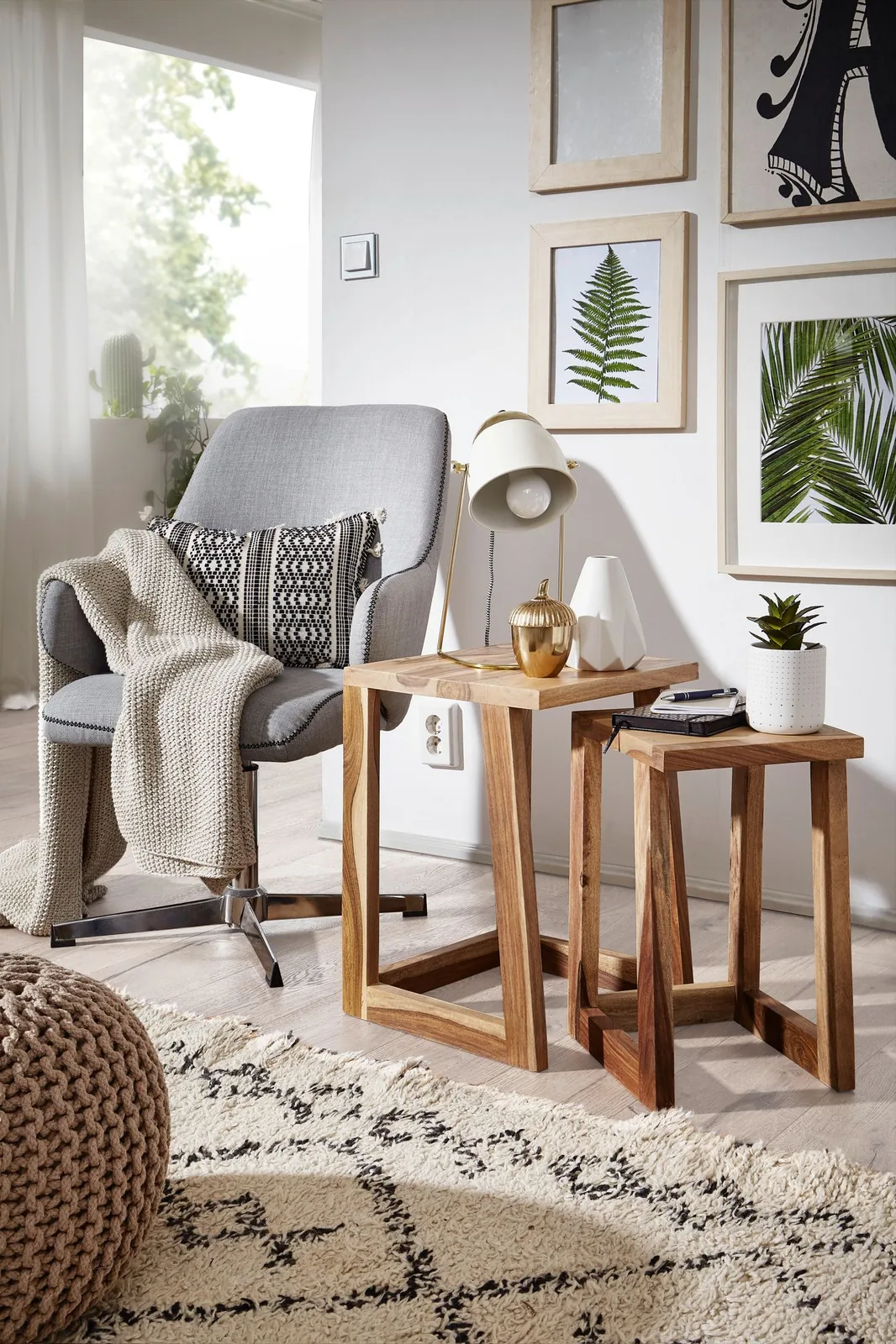 FineBuy 2er Set Beistelltisch Massivholz Design Wohnzimmer-Tisch eckig Nachttisch Satztisch Landhaus-Stil Naturprodukt