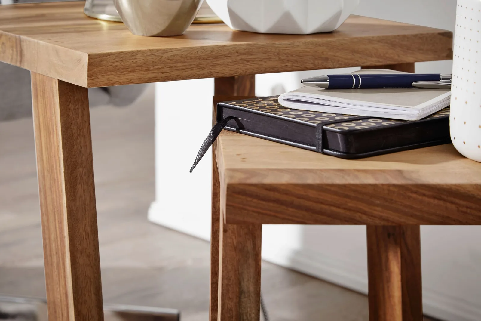 FineBuy 2er Set Beistelltisch Massivholz Design Wohnzimmer-Tisch eckig Nachttisch Satztisch Landhaus-Stil Naturprodukt