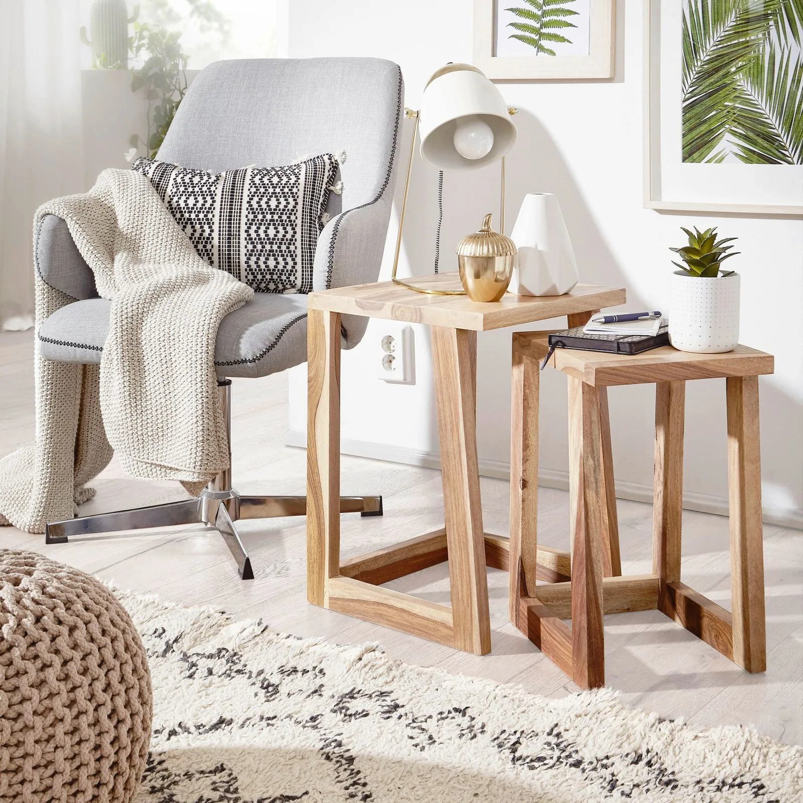 FineBuy 2er Set Beistelltisch Massivholz Design Wohnzimmer-Tisch eckig Nachttisch Satztisch Landhaus-Stil Naturprodukt