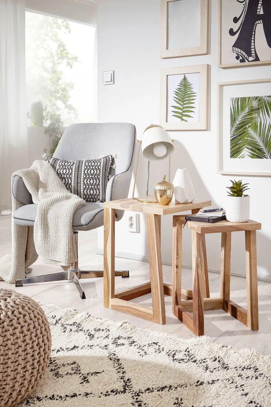 FineBuy 2er Set Beistelltisch Massivholz Design Wohnzimmer-Tisch eckig Nachttisch Satztisch Landhaus-Stil Naturprodukt