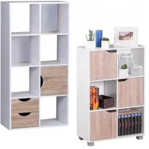 FineBuy Design Bücherregal MASSA Modern Holz Weiß mit Türen Sonoma Eiche Ablagefächer Standregal freistehend Größe wählbar