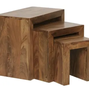 FineBuy 3er Set Satztisch Massiv-Holz Wohnzimmer-Tisch Landhaus-Stil Beistelltisch dunkel-braun Naturholz Couchtisch Natur-Produkt Wohnzimmermöbel Unikat Massivholzmöbel Echtholz Anstelltisch