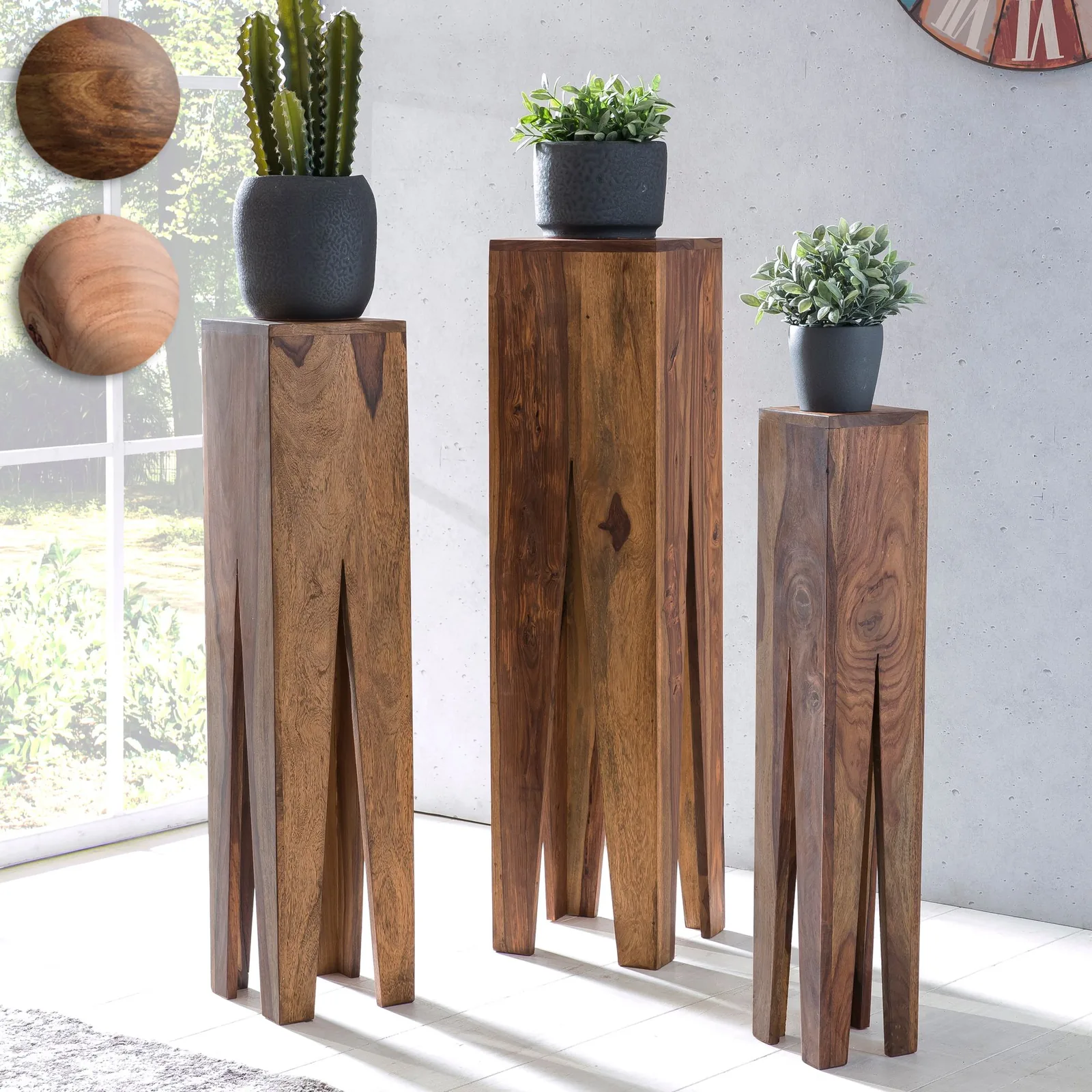 FineBuy Beistelltisch 3er Set Massivholz Satztisch Quadratisch Modern, Säulentisch Pflanzentisch 3-teilig, Blumenständer Blumentisch Wohnzimmer, Pflanzenhocker Blumenhocker Dekosäule