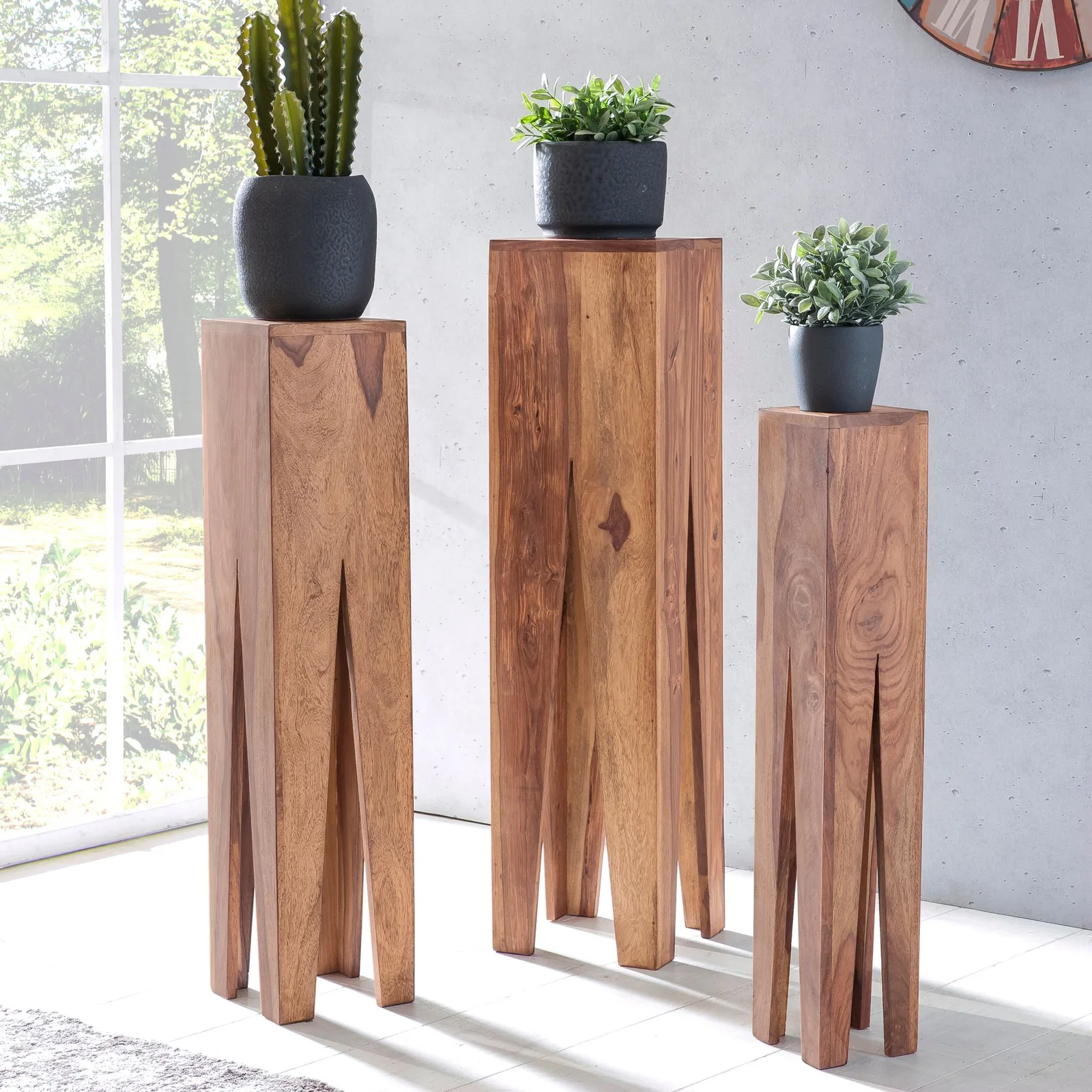 FineBuy Beistelltisch 3er Set Massivholz Satztisch Quadratisch Modern, Säulentisch Pflanzentisch 3-teilig, Blumenständer Blumentisch Wohnzimmer, Pflanzenhocker Blumenhocker Dekosäule
