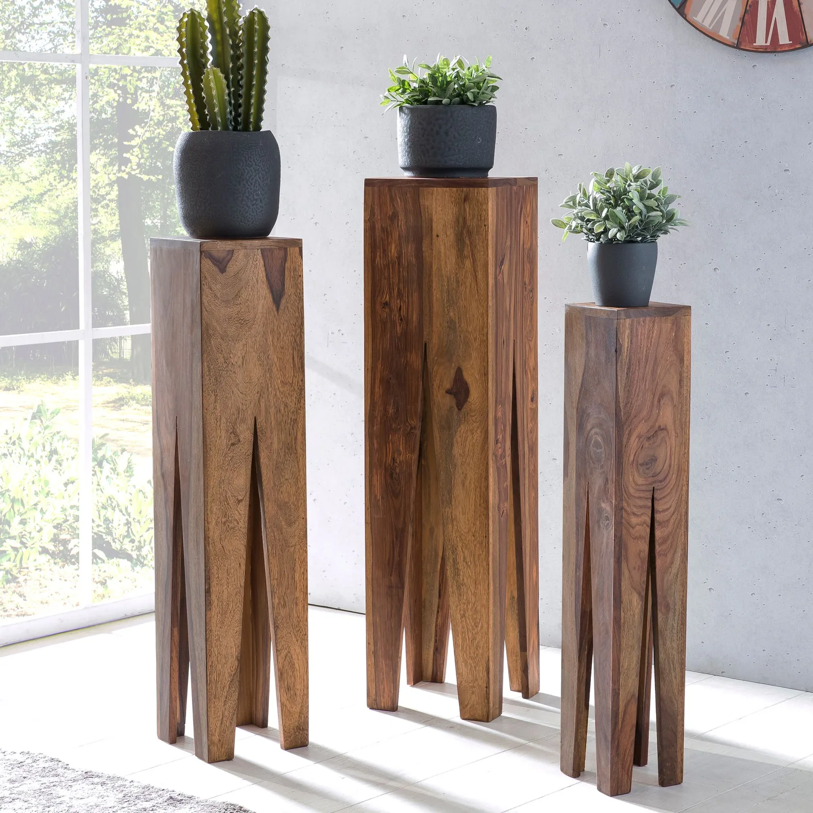 FineBuy Beistelltisch 3er Set Massivholz Satztisch Quadratisch Modern, Säulentisch Pflanzentisch 3-teilig, Blumenständer Blumentisch Wohnzimmer, Pflanzenhocker Blumenhocker Dekosäule