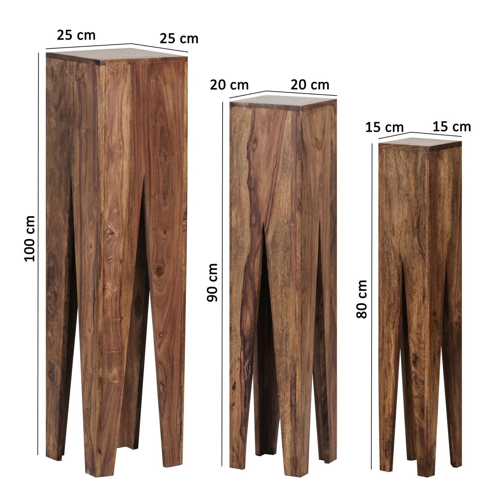 FineBuy Beistelltisch 3er Set Massivholz Satztisch Quadratisch Modern, Säulentisch Pflanzentisch 3-teilig, Blumenständer Blumentisch Wohnzimmer, Pflanzenhocker Blumenhocker Dekosäule