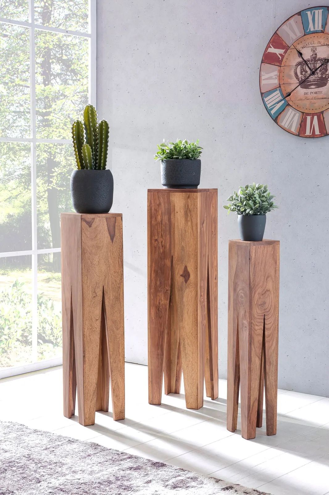 FineBuy Beistelltisch 3er Set Massivholz Satztisch Quadratisch Modern, Säulentisch Pflanzentisch 3-teilig, Blumenständer Blumentisch Wohnzimmer, Pflanzenhocker Blumenhocker Dekosäule