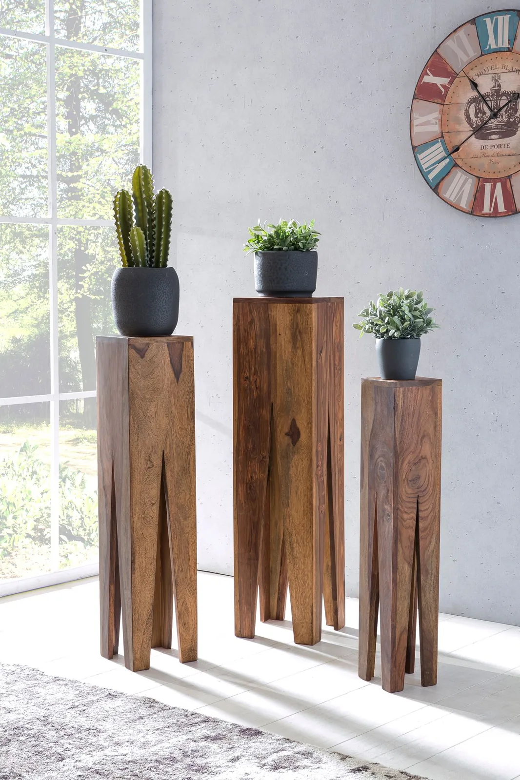 FineBuy Beistelltisch 3er Set Massivholz Satztisch Quadratisch Modern, Säulentisch Pflanzentisch 3-teilig, Blumenständer Blumentisch Wohnzimmer, Pflanzenhocker Blumenhocker Dekosäule