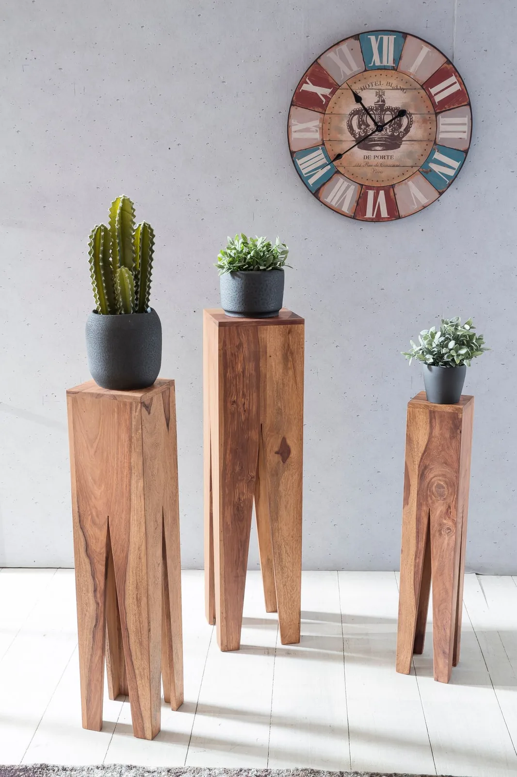 FineBuy Beistelltisch 3er Set Massivholz Satztisch Quadratisch Modern, Säulentisch Pflanzentisch 3-teilig, Blumenständer Blumentisch Wohnzimmer, Pflanzenhocker Blumenhocker Dekosäule