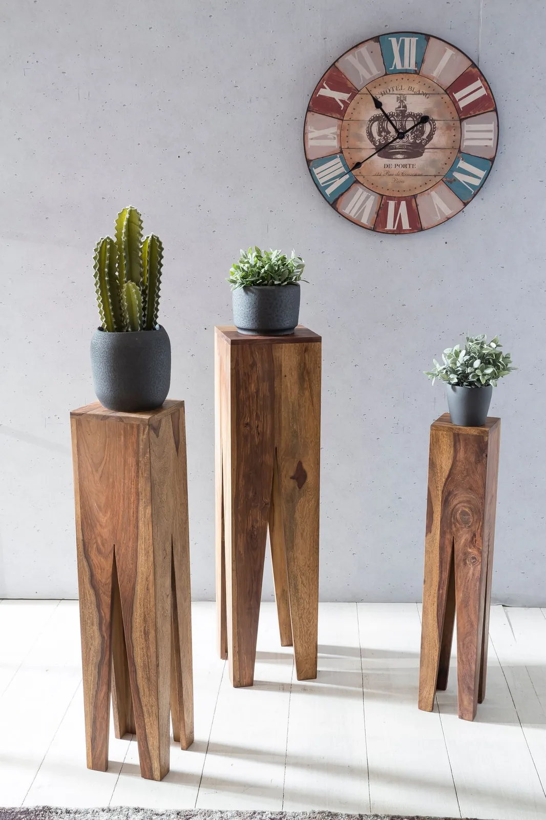 FineBuy Beistelltisch 3er Set Massivholz Satztisch Quadratisch Modern, Säulentisch Pflanzentisch 3-teilig, Blumenständer Blumentisch Wohnzimmer, Pflanzenhocker Blumenhocker Dekosäule