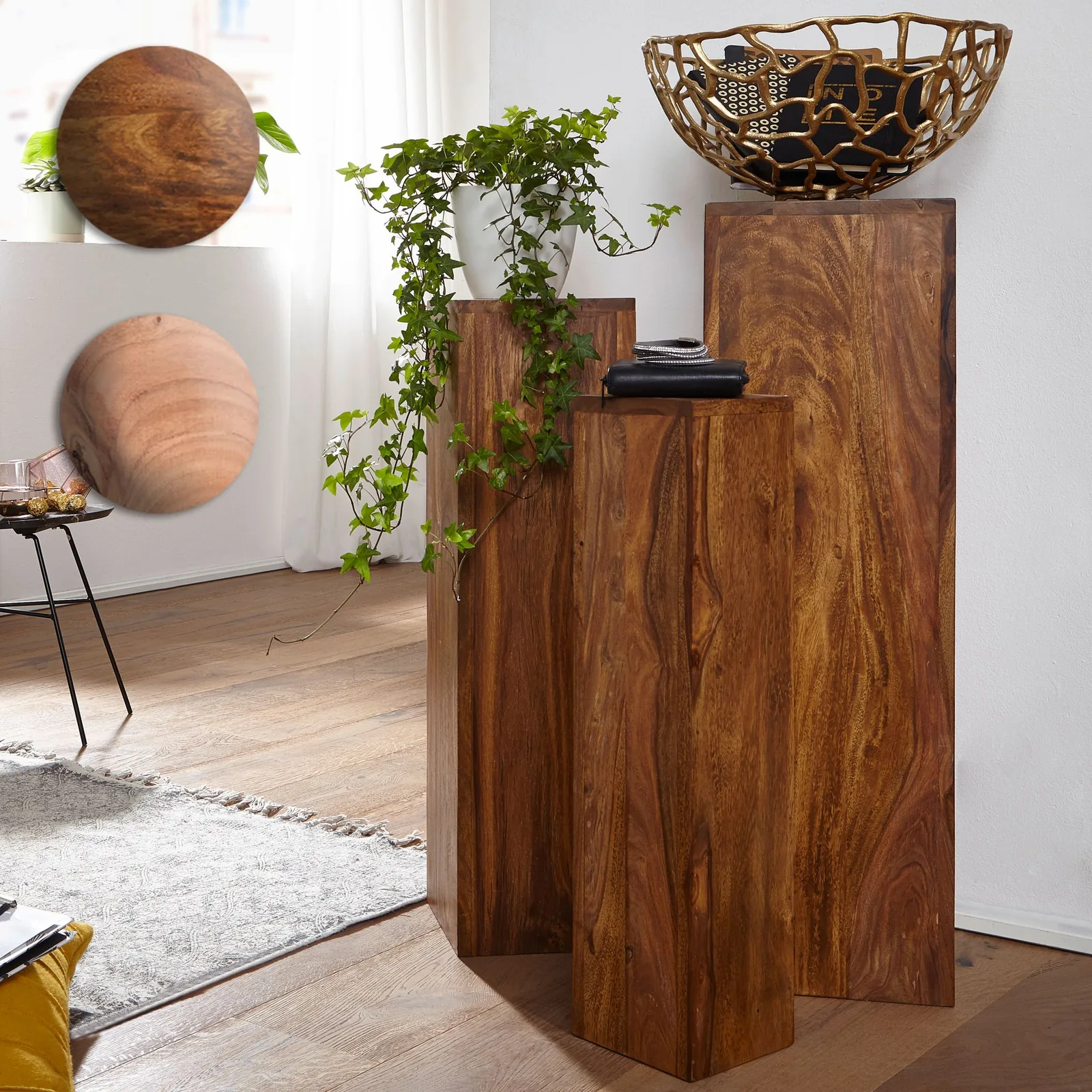 FineBuy Beistelltisch 3er Set Massivholz Satztisch Quadratisch Modern, Säulentisch Pflanzentisch 3-teilig, Blumenständer Blumentisch Wohnzimmer, Pflanzenhocker Blumenhocker Dekosäule