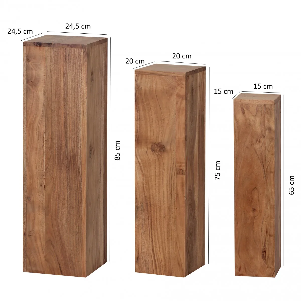FineBuy Beistelltisch 3er Set Massivholz Satztisch Quadratisch Modern, Säulentisch Pflanzentisch 3-teilig, Blumenständer Blumentisch Wohnzimmer, Pflanzenhocker Blumenhocker Dekosäule