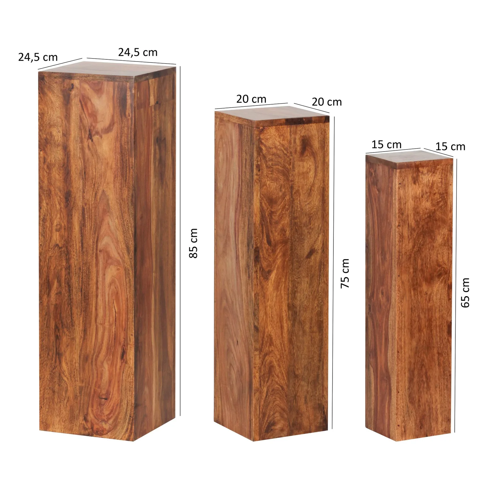 FineBuy Beistelltisch 3er Set Massivholz Satztisch Quadratisch Modern, Säulentisch Pflanzentisch 3-teilig, Blumenständer Blumentisch Wohnzimmer, Pflanzenhocker Blumenhocker Dekosäule