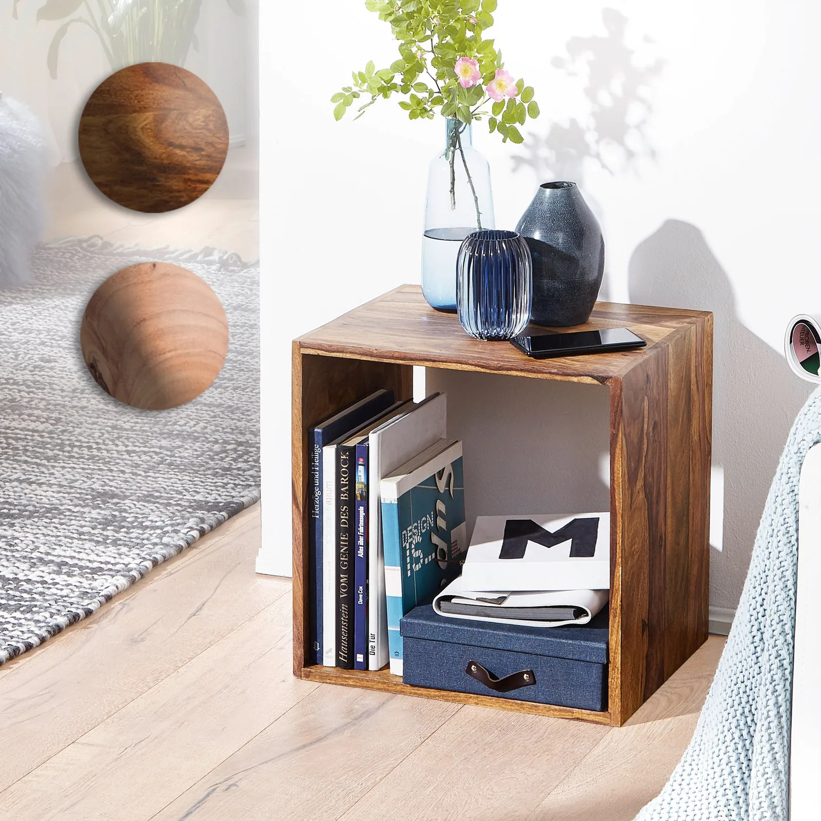 FineBuy Standregal Massivholz 43,5 cm Cube Regal Holzregal Naturprodukt Beistelltisch Landhausstil