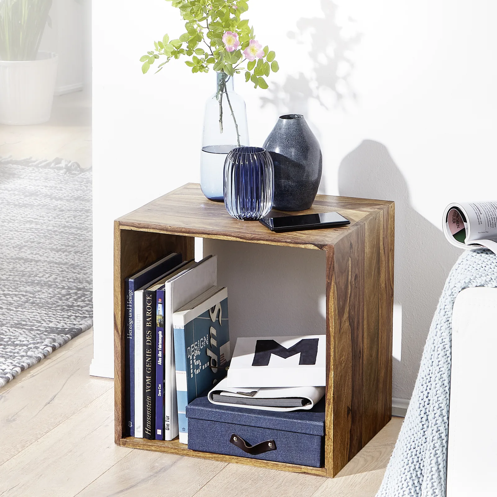FineBuy Standregal Massivholz 43,5 cm Cube Regal Holzregal Naturprodukt Beistelltisch Landhausstil