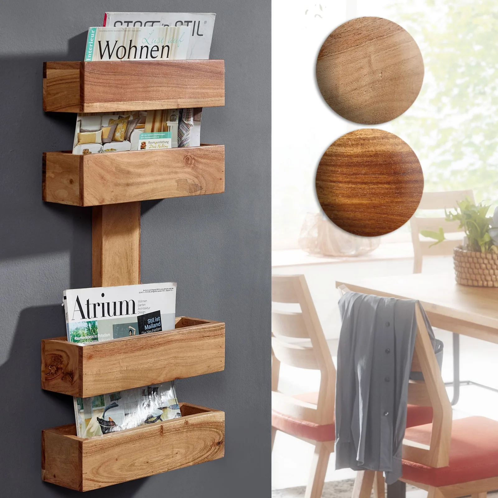 FineBuy Zeitungsständer Massivholz 2 Ablagefächer Zeitschriftenständer Prospekthalter Landhausstil Material wählbar
