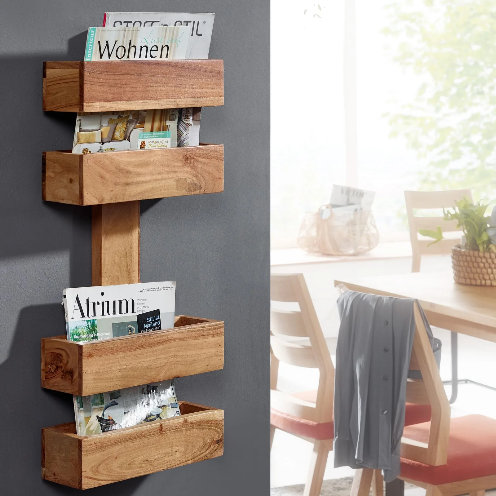 FineBuy Zeitungsständer Massivholz 2 Ablagefächer Zeitschriftenständer Prospekthalter Landhausstil Material wählbar
