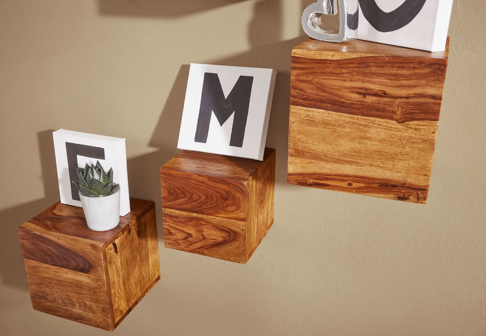 FineBuy 4er Set Wandregale Massivholz Holzregal Landhaus Hängeregal 25 cm und 20 cm Echtholz Wandboard