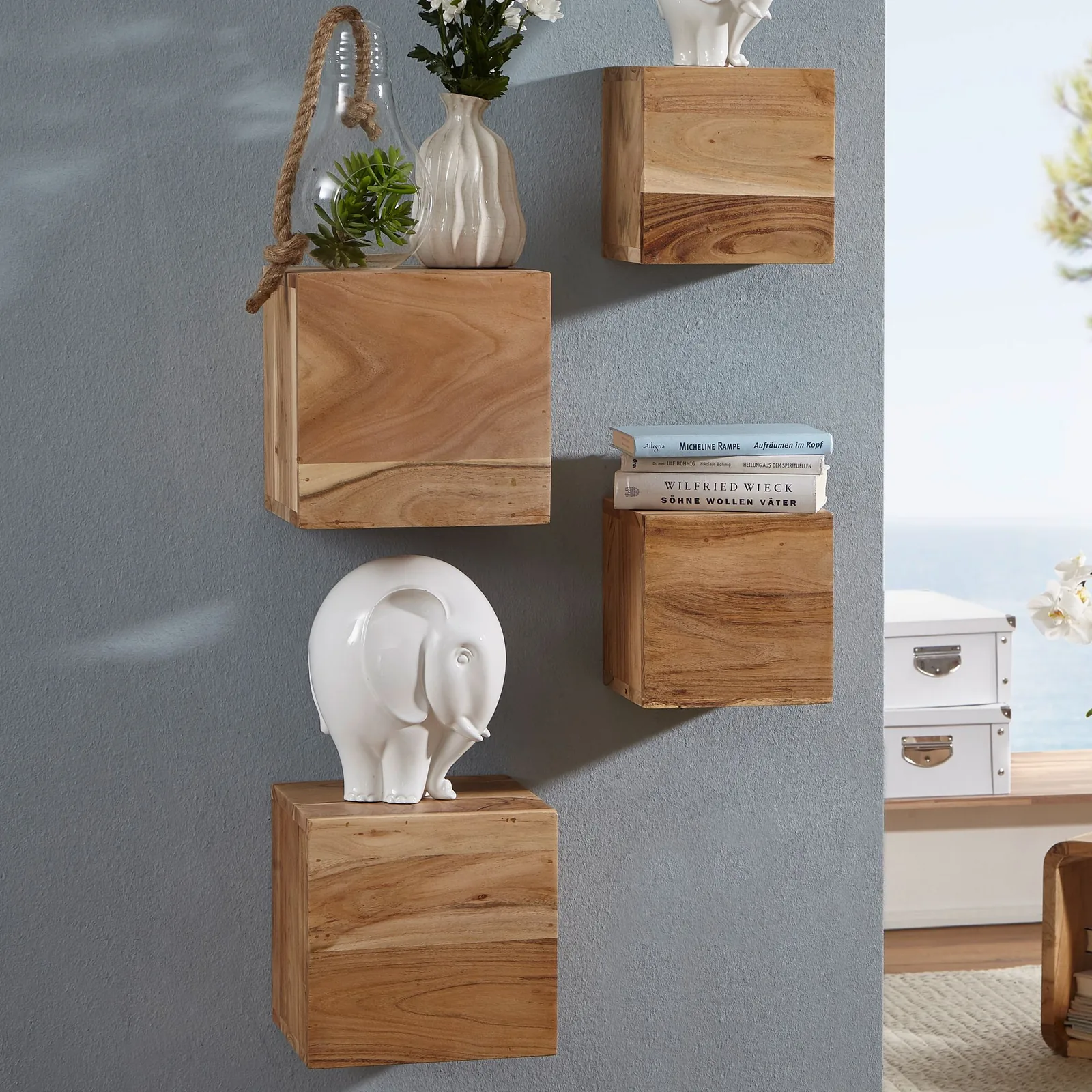 FineBuy 4er Set Wandregale Massivholz Holzregal Landhaus Hängeregal 25 cm und 20 cm Echtholz Wandboard