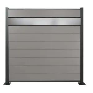 WPC Zaun, grau, Komplettset mit Designelement aus Kunstglas (Sicherheitsglas), 20 mm (Stärke) x 1800 mm (Breite) x 1850 mm (Höhe), Sichtschutz / Steckzaun / Modulares Zaunsystem inkl. Start- und Abschlussprofil (Serie WoodoNorderney+ ohne Pfosten)