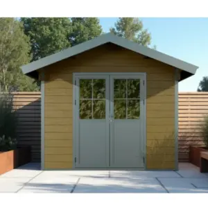 WPC Gartenhaus, coextrudiert, braun, Satteldach, 336 x 320 cm, 2,68 m hoch, Grundmaß 6,72 m²