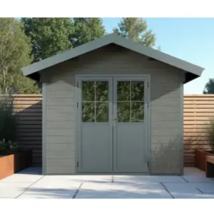 WPC Gartenhaus, coextrudiert, granit, Satteldach, 336 x 320 cm, 2,68 m hoch, Grundmaß 6,72 m²