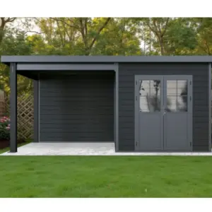 WPC Gartenhaus, coextrudiert, anthrazit, Flachdach, mit Anbau und Rückwand, 560 x 330 cm, 2,47 m hoch, Grundmaß 14,9 m²