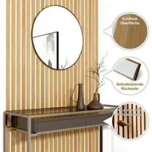 Wandpaneele Eiche hell, Wandverkleidung mit Echtholzoberfläche, FSC 100%, TSUD-COC-001718-ZZ, 2500 x 345 x 9 mm, vier Streifen inklusive Abstandshalter pro Paket, selbstklebend (0,51m² / Paket)