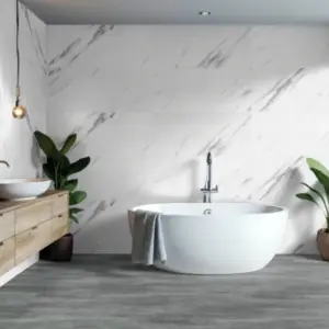 XXL Wandfliese SPC-Vinyl, Carrara‑Marmor, Hochglanz, wasserfeste Wandverkleidung für Küche und Bad, Wandpaneel mit Click-Verbindung, 1200 mm x 600 mm x 3,7 mm, (2,16 m² / Paket)