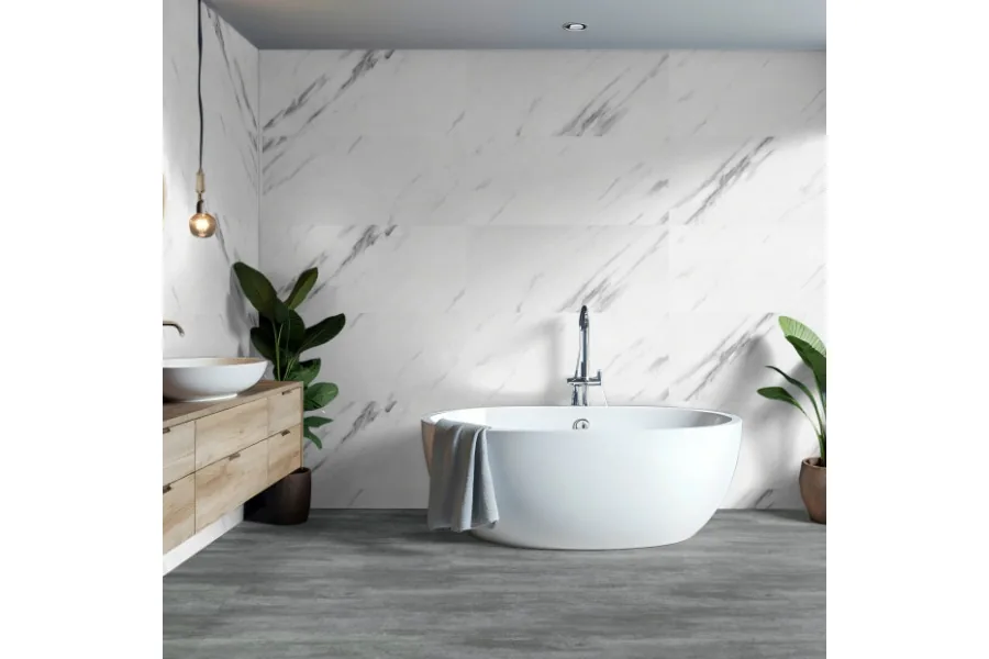 XXL Wandfliese SPC-Vinyl, Carrara‑Marmor, Hochglanz, wasserfeste Wandverkleidung für Küche und Bad, Wandpaneel mit Click-Verbindung, 1200 mm x 600 mm x 3,7 mm, (2,16 m² / Paket)