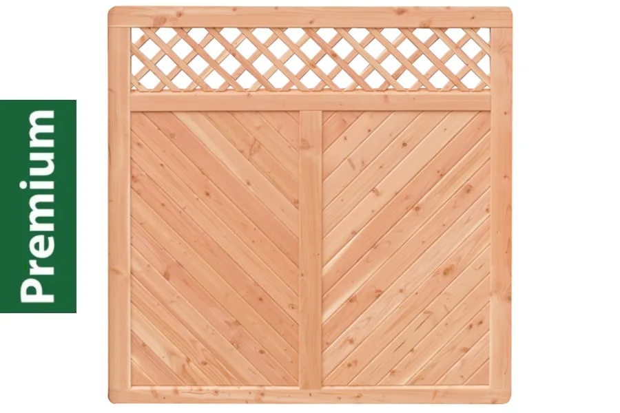 Premium Douglasie Sichtschutzzaun Holz, 178,5 cm (B) x 178,5 cm (H), Fischgrätmuster mit Mittelsträbe und Gitter in Rautenform - natur