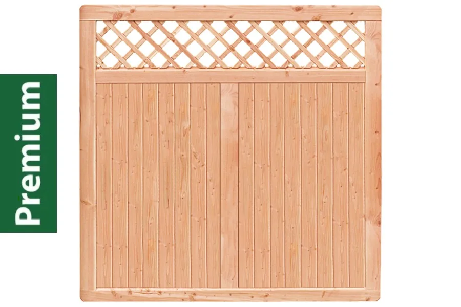 Premium Douglasie Sichtschutzzaun Holz, 178,5 cm (B) x 178,5 cm (H), Senkrechtfüllung mit Mittelsträbe und waagerechtem Gittereinsatz - natur