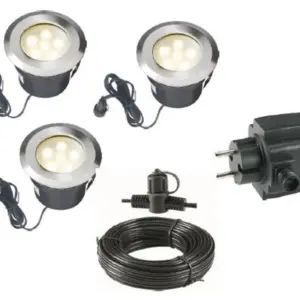 Komplettset Einbauleuchte ASTRA - 3er Set = 3 x Astra + Hauptkabel 10 m (4 Anschlüsse) + Trafo
