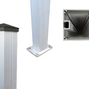 Verstärkter Aluminium Pfosten für Montage von Gartentoren und Gartentüren, 3,5 mm Materialstärke, 100 x 100 mm, 2,00 m Länge, inkl. Pfostenträger, Pfostenkappe, Abdeckleiste und Stopper - in silber eloxiert