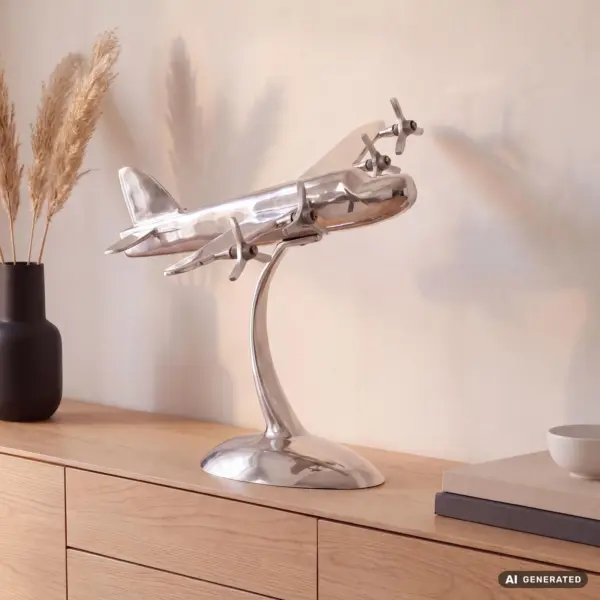 FineBuy Design Deko Propeller Flugzeug aus Aluminium, Silber – 42 × 30 × 30 cm