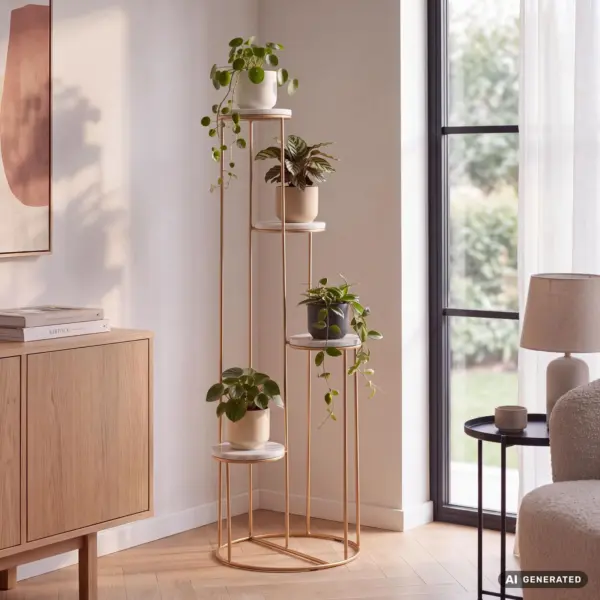FineBuy Blumenständer Echter Marmor Weiß 3, Gold – 36,5 × 107,5 × 36,5 cm