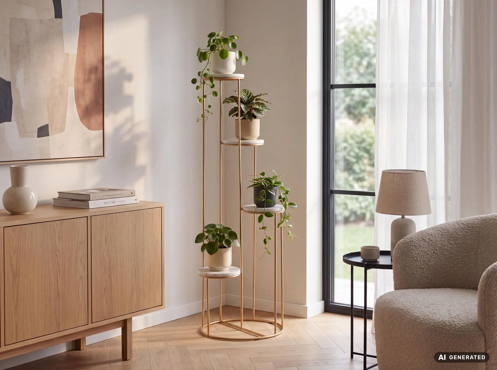FineBuy Blumenständer Echter Marmor Weiß 3, Gold – 36,5 × 107,5 × 36,5 cm