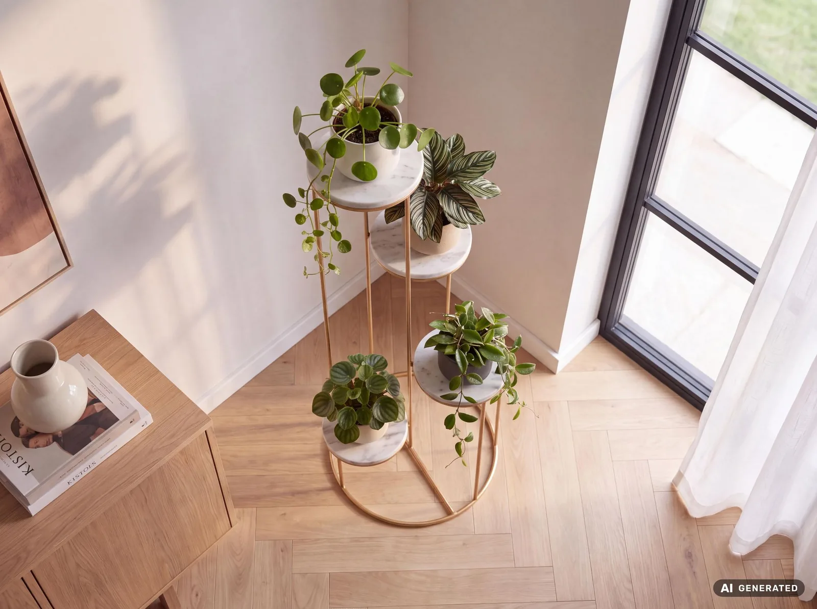 FineBuy Blumenständer Echter Marmor Weiß 3, Gold – 36,5 × 107,5 × 36,5 cm
