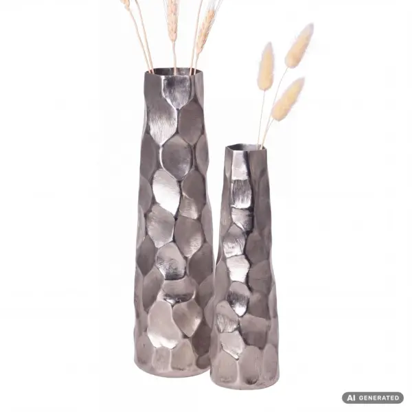 FineBuy Deko Vase 2er Set Aluminium Blumenvase Modern, Dekovase Hammerschlag-Design 2-teilig für Blumen, Alu Tischvase Wohndeko Metall Tischdeko Handgefertigt