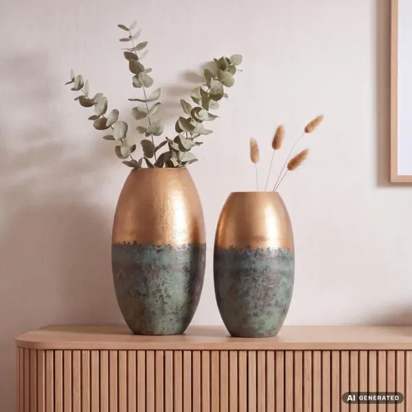 FineBuy Deko Vase 2er Set Aluminium Gold Patina Blumenvase Modern, Dekovase Punziert Rund 2-teilig für Blumen, Alu Tischvase Wohndeko Metall Tischdeko Handgefertigt