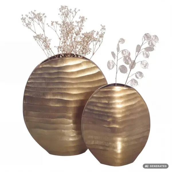 FineBuy Deko Vase 2er Set Aluminium Blumenvase Wellenmuster Modern, Dekovase Rund 2-teilig für Blumen, Alu Tischvase Wohndeko Metall Tischdeko Handgefertigt