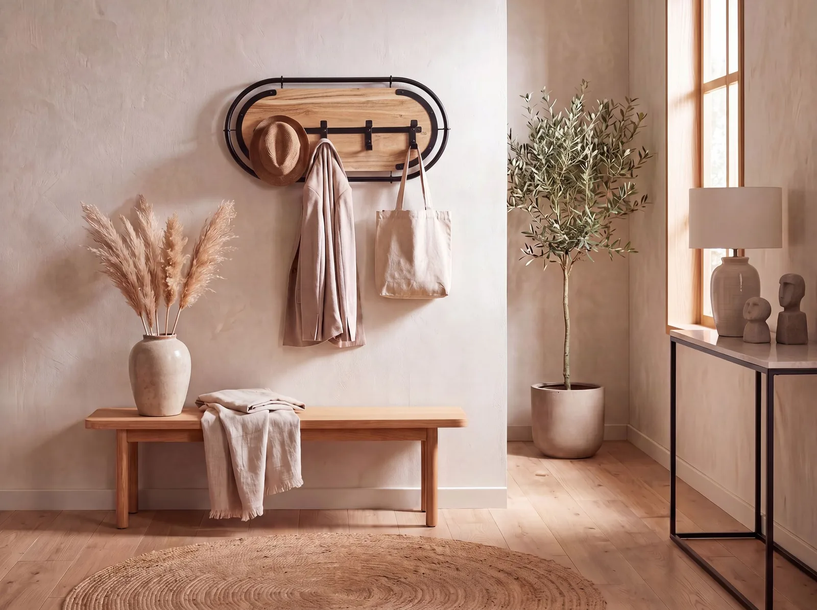 FineBuy Wandgarderobe Akazie Massivholz Modernes Garderobenpaneel Hängegarderobe mit Haken, Braun