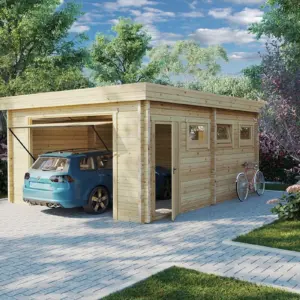 Fertiggarage mit Schwingtor “Deluxe D” 5x6m aus Holz, 5 × 6 m