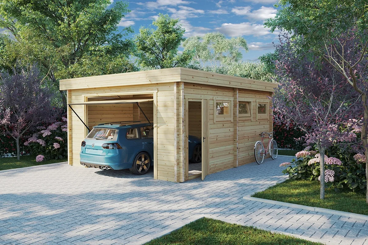 Fertiggarage mit Schwingtor “Deluxe D” 5x6m aus Holz, 5 × 6 m