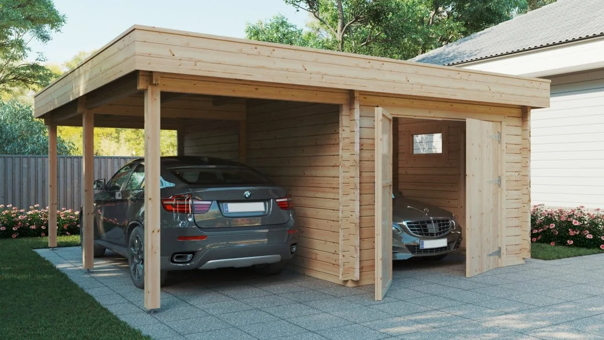 Fertiggarage mit Carport “Hansa H” 6x6m aus Holz, 6 × 6 m