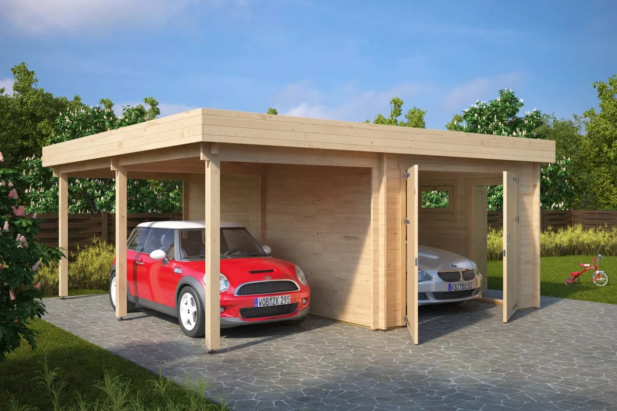 Fertiggarage mit Carport “Hansa H” 6x6m aus Holz, 6 × 6 m